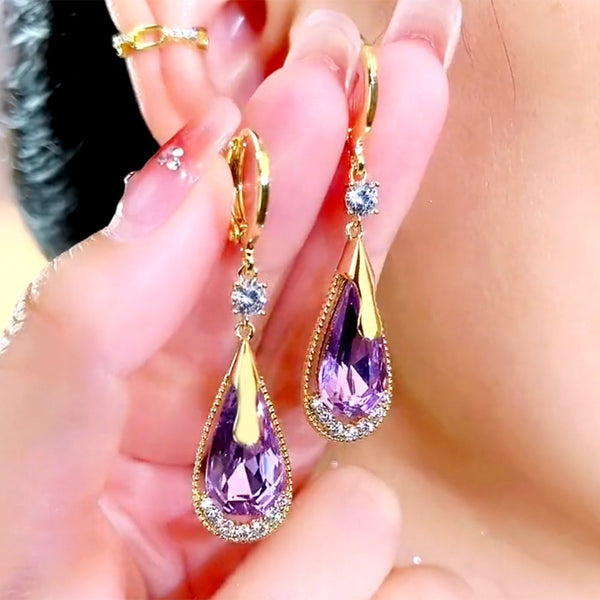 High-grade Purple Crystal Earrings Drop-shaped Design. front packet