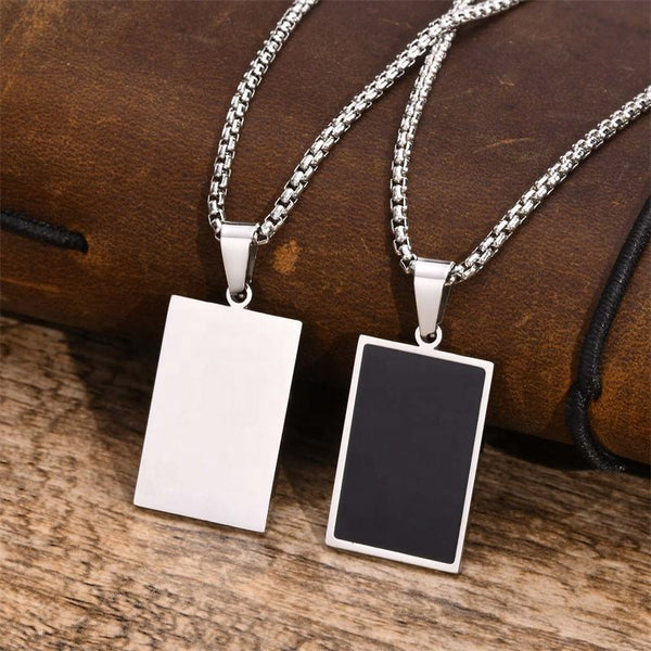 Men's Personality Trendy Stainless Steel Dog Tag Jewelry Rectangular Glossy Pendant. front packet